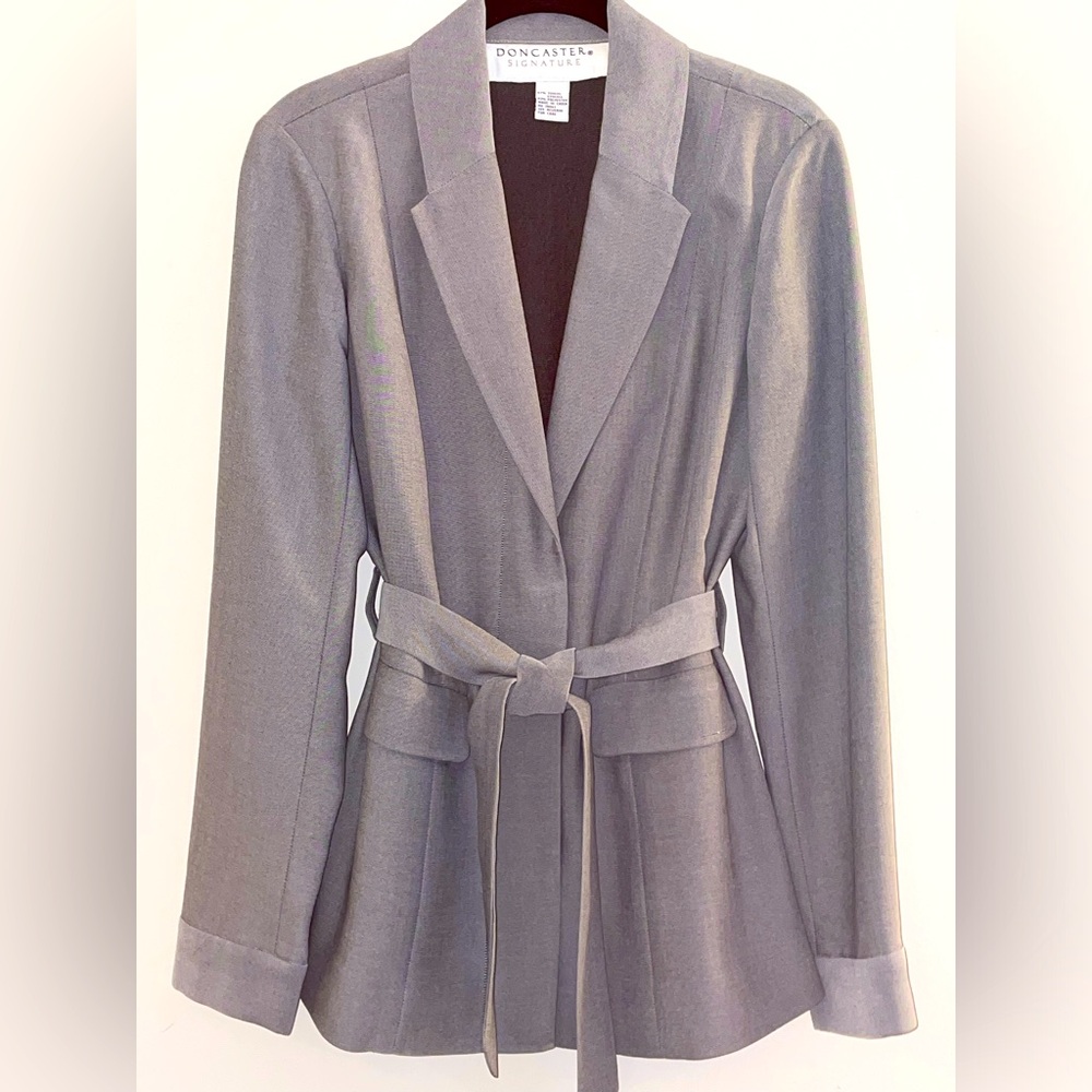 DONCASTER Vintage Women's Suit Jacket Grey Tie Belt Custom Made Size 4